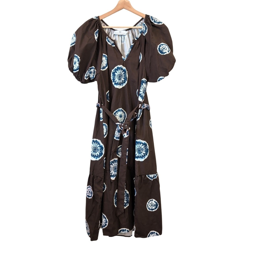 Never A Wallflower Brown Shibori Print Puff Sleeve Midi Dress XS $298